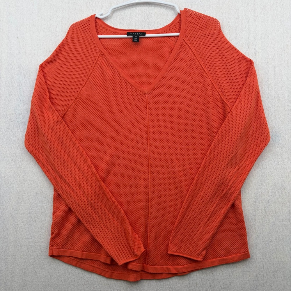 Tribal Womens Orange Open Knit Mesh V-Neck Raglan Long Sleeve Sweater Large